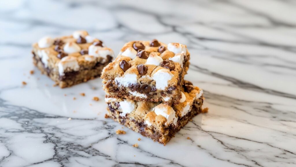S'mores Cookie Bars stacked on a rustic wooden board with gooey marshmallow and melted chocolate chips visible on golden tops