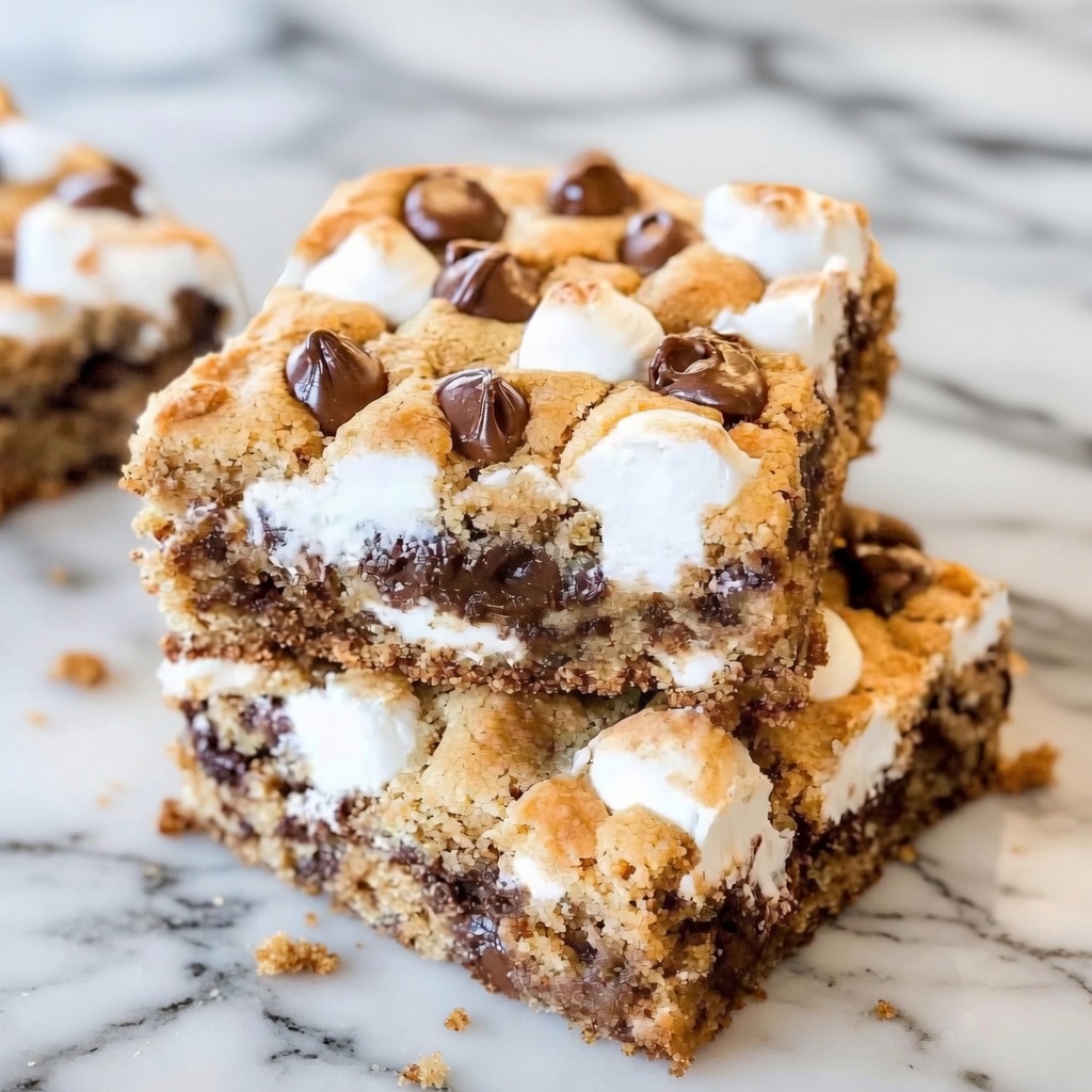 Close-up of S'mores Cookie Bars cut into squares showing gooey marshmallow layers and pools of melted chocolate inside