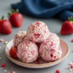 Close-up protein balls cheesecake strawberry texture