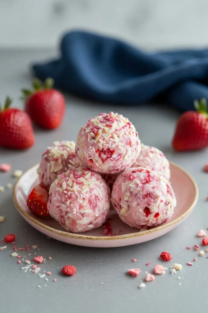 Close-up protein balls cheesecake strawberry texture