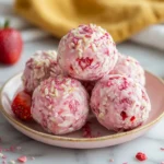 Strawberry cheesecake protein balls plate freeze-dried