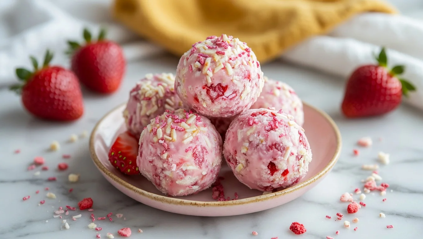 Strawberry cheesecake protein balls plate freeze-dried