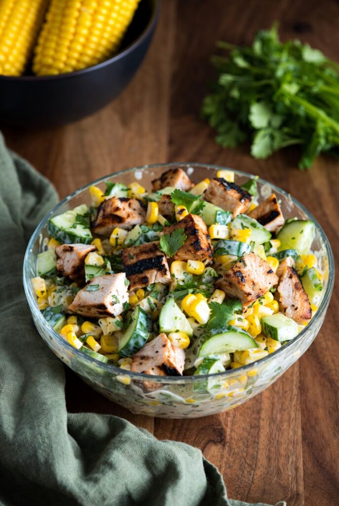 Creamy smoked paprika lime dressing being whisked in a bowl for street corn cucumber chicken salad