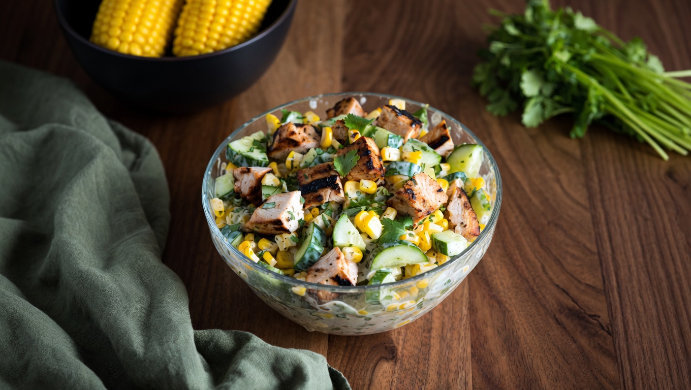 Street corn cucumber chicken salad with creamy smoked paprika dressing and feta in a white bowl