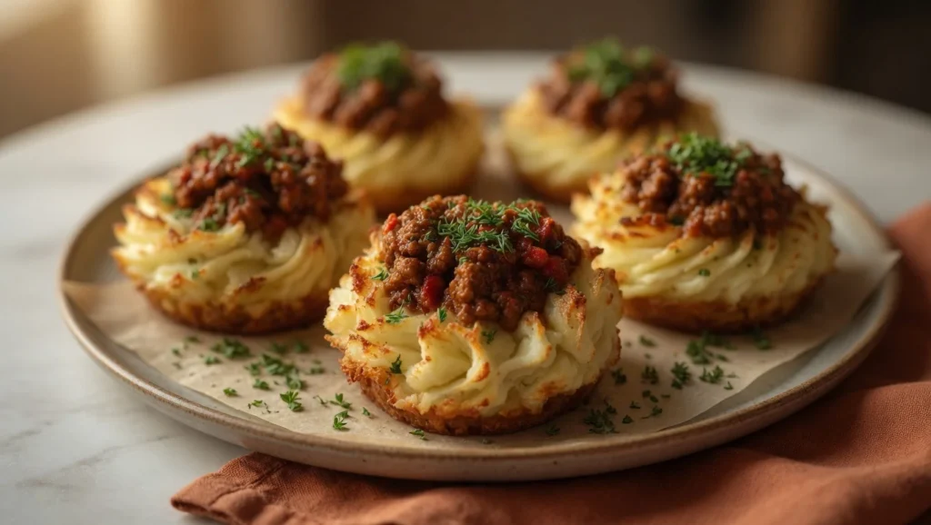 Stuffed mashed potato nests golden beef filling dill