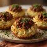 Stuffed mashed potato nests golden beef filling dill