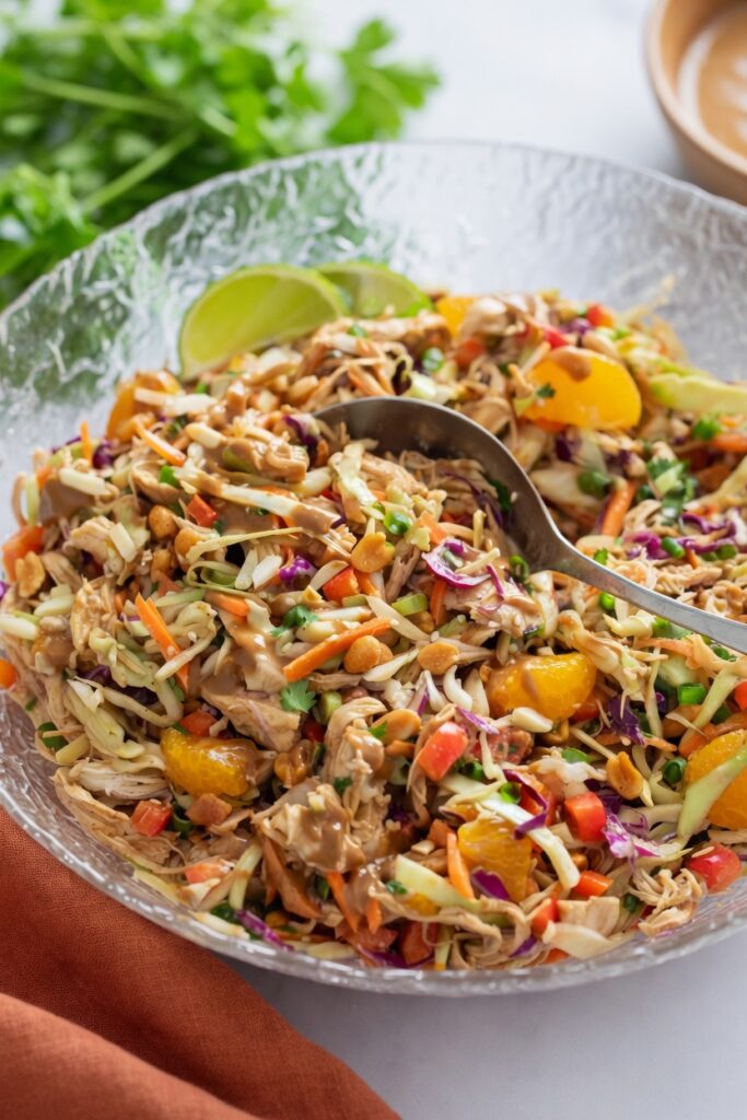 Close-up Thai chicken salad peanuts cabbage chicken