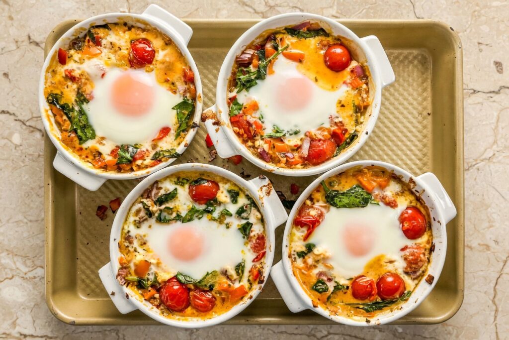 Baked Feta Eggs in a white ceramic ramekin with burst roasted cherry tomatoes wilted spinach creamy feta and fresh chives on a linen napkin