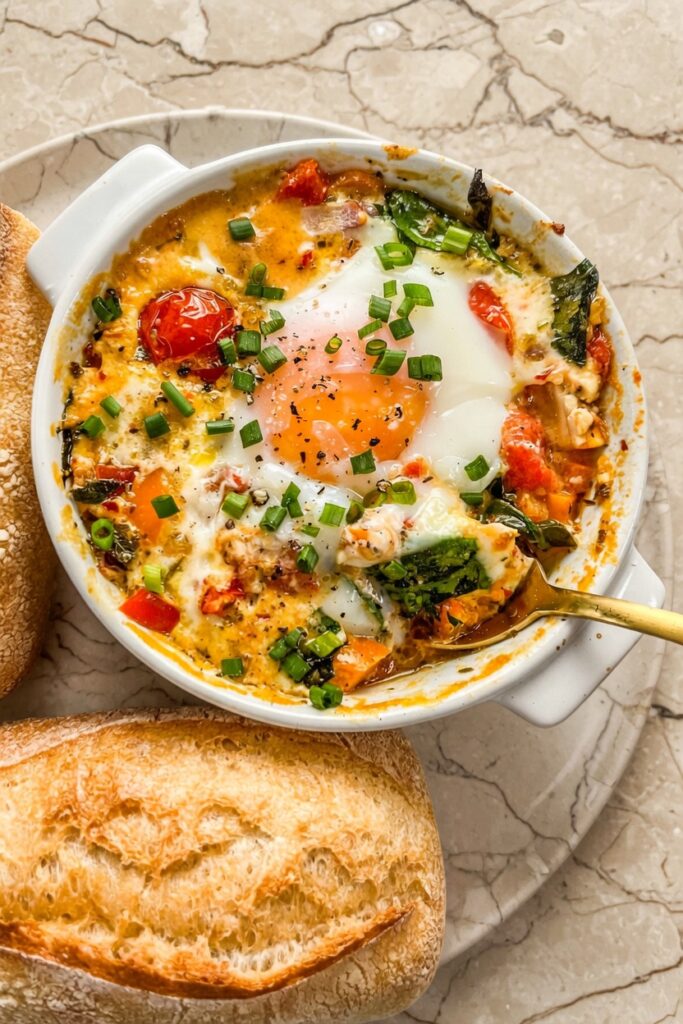 Close-up of Baked Feta Eggs showing a golden runny egg yolk surrounded by creamy melted feta burst roasted tomatoes and wilted spinach