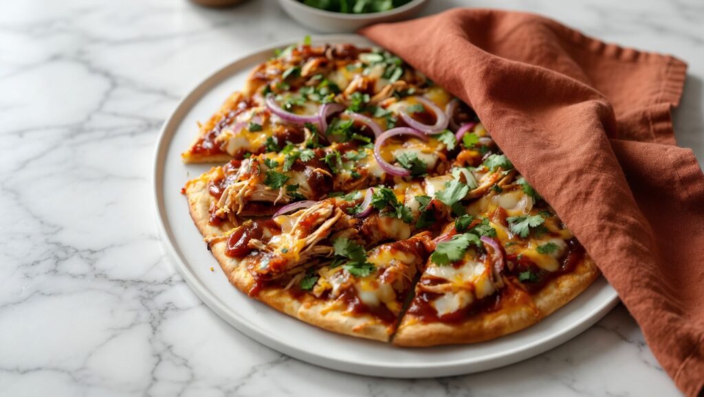 BBQ chicken flatbread with melted cheese, red onion, and fresh cilantro on a wooden board