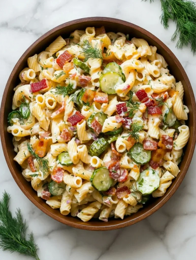Crispy golden bacon cooking in a skillet for dill pickle bacon pasta salad