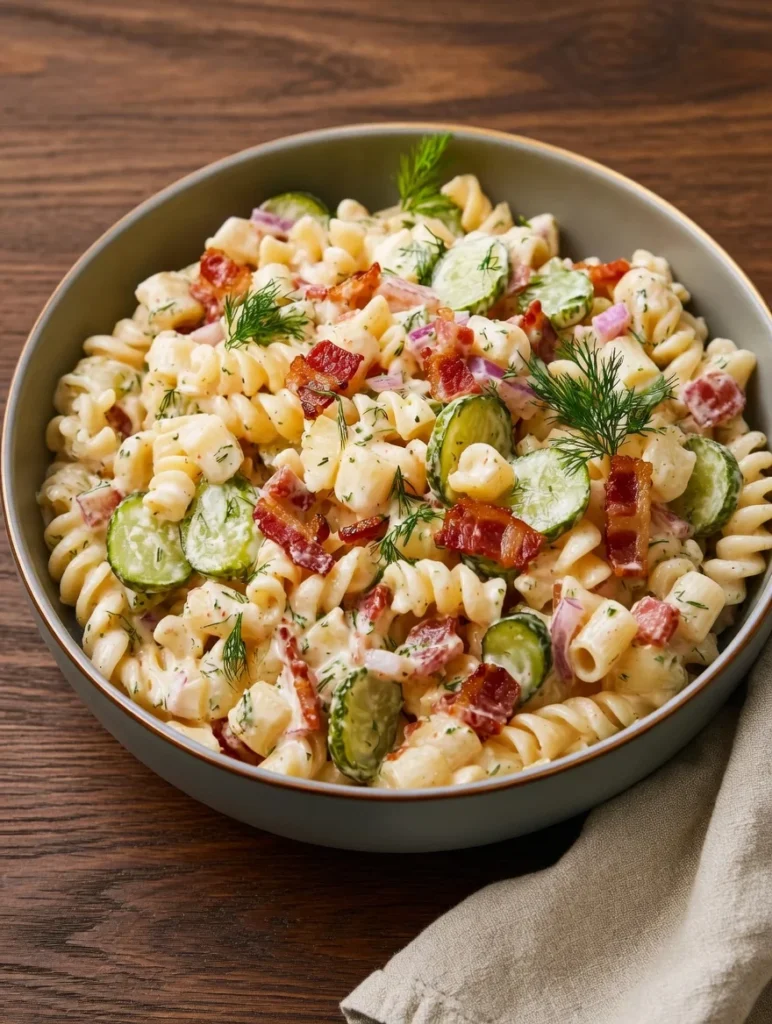 Close-up of dill pickle bacon pasta salad in a white bowl with creamy dressing and fresh dill
