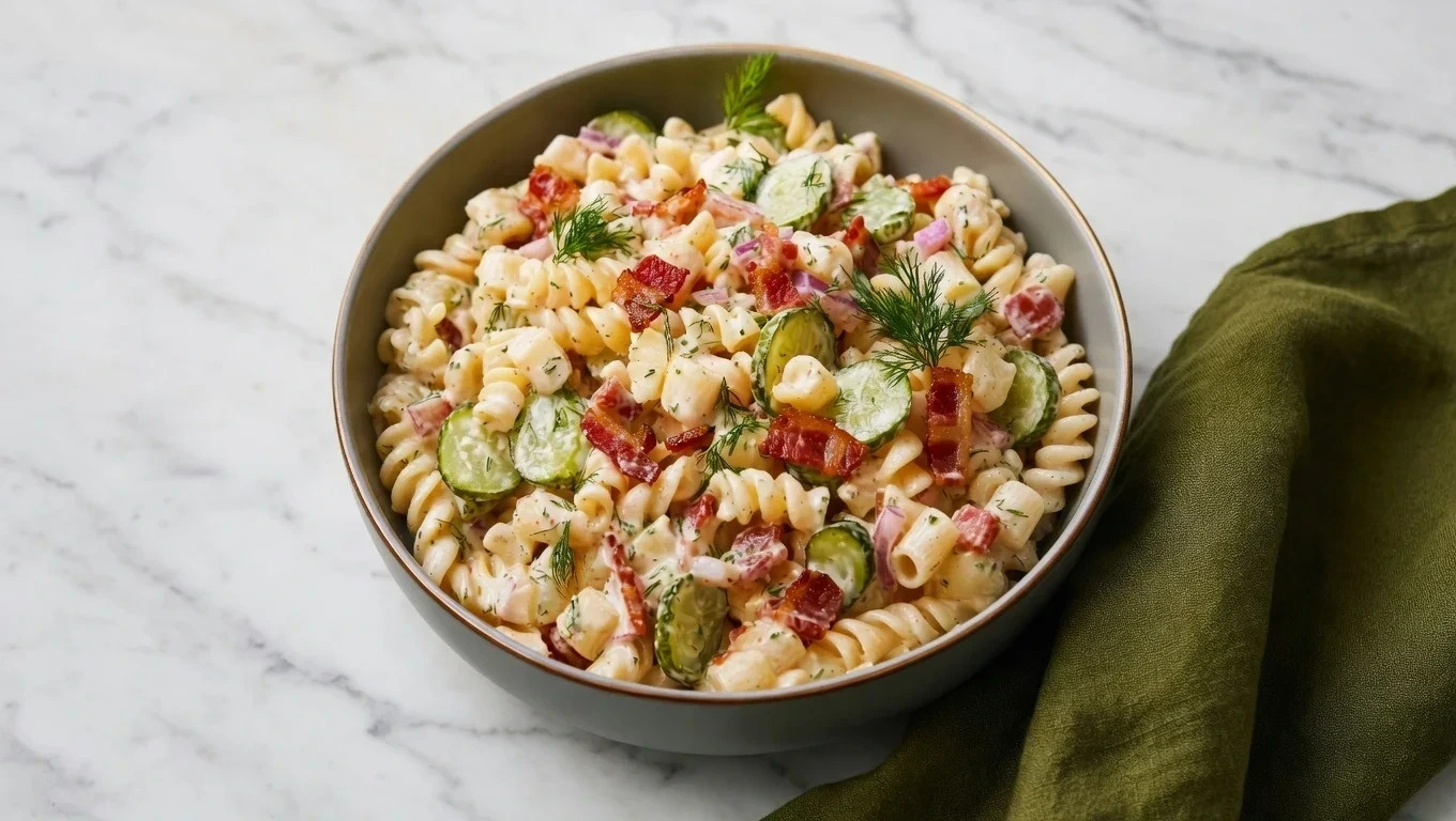 Dill pickle bacon pasta salad with crispy bacon, fresh dill, and cucumbers in a white bowl