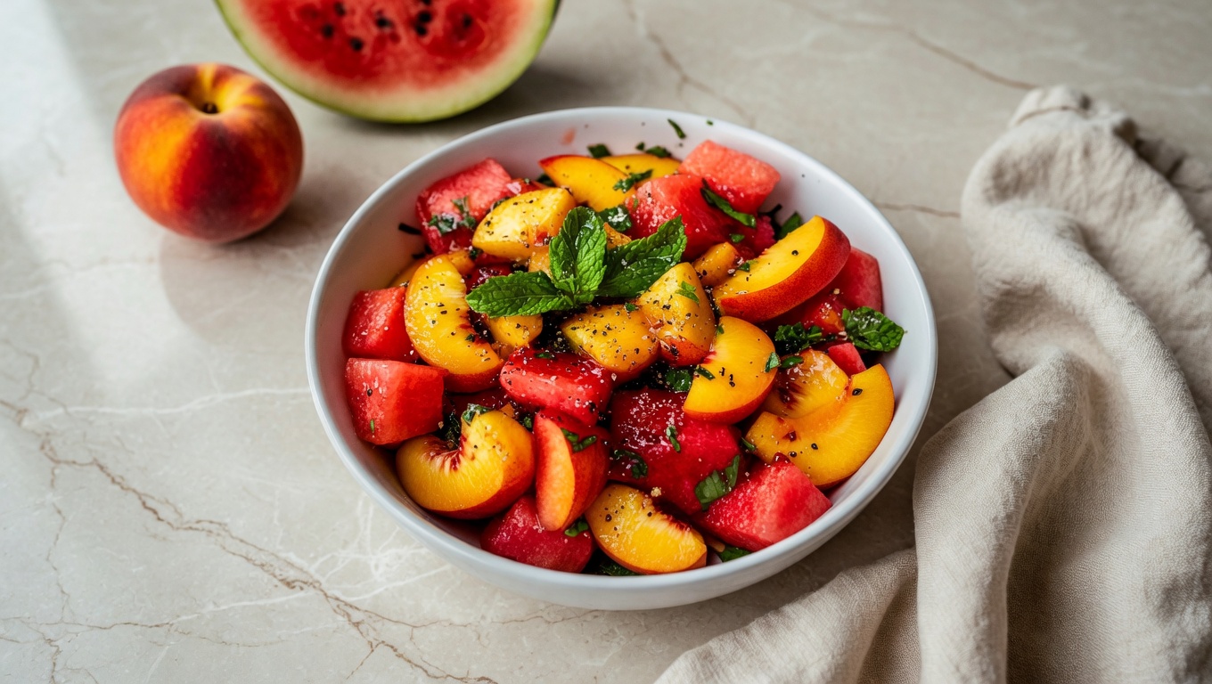 Easy Summer Peach Watermelon Salad in a wide white bowl with fresh mint leaves and lime wedge on a bright marble surface