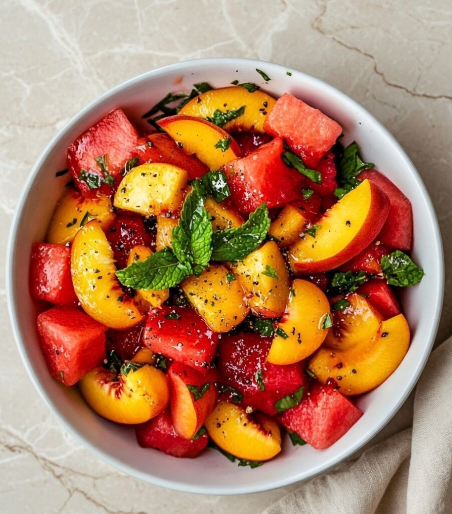 Close-up of Easy Summer Peach Watermelon Salad showing juicy watermelon cubes golden peach slices and fresh torn mint with cracked pepper