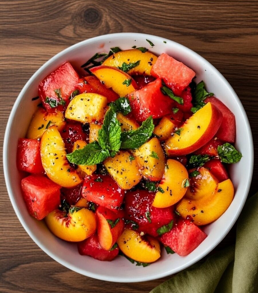 Close-up of Easy Summer Peach Watermelon Salad showing juicy watermelon cubes golden peach slices and fresh torn mint with cracked pepper