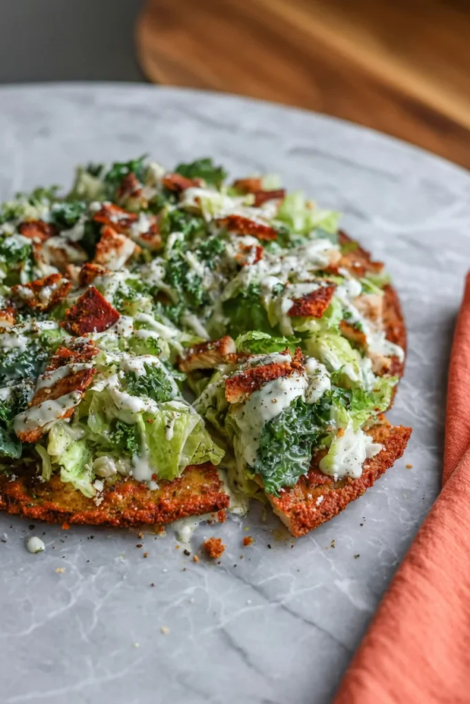 Close-up chicken crust pizza Caesar topping Parmesan