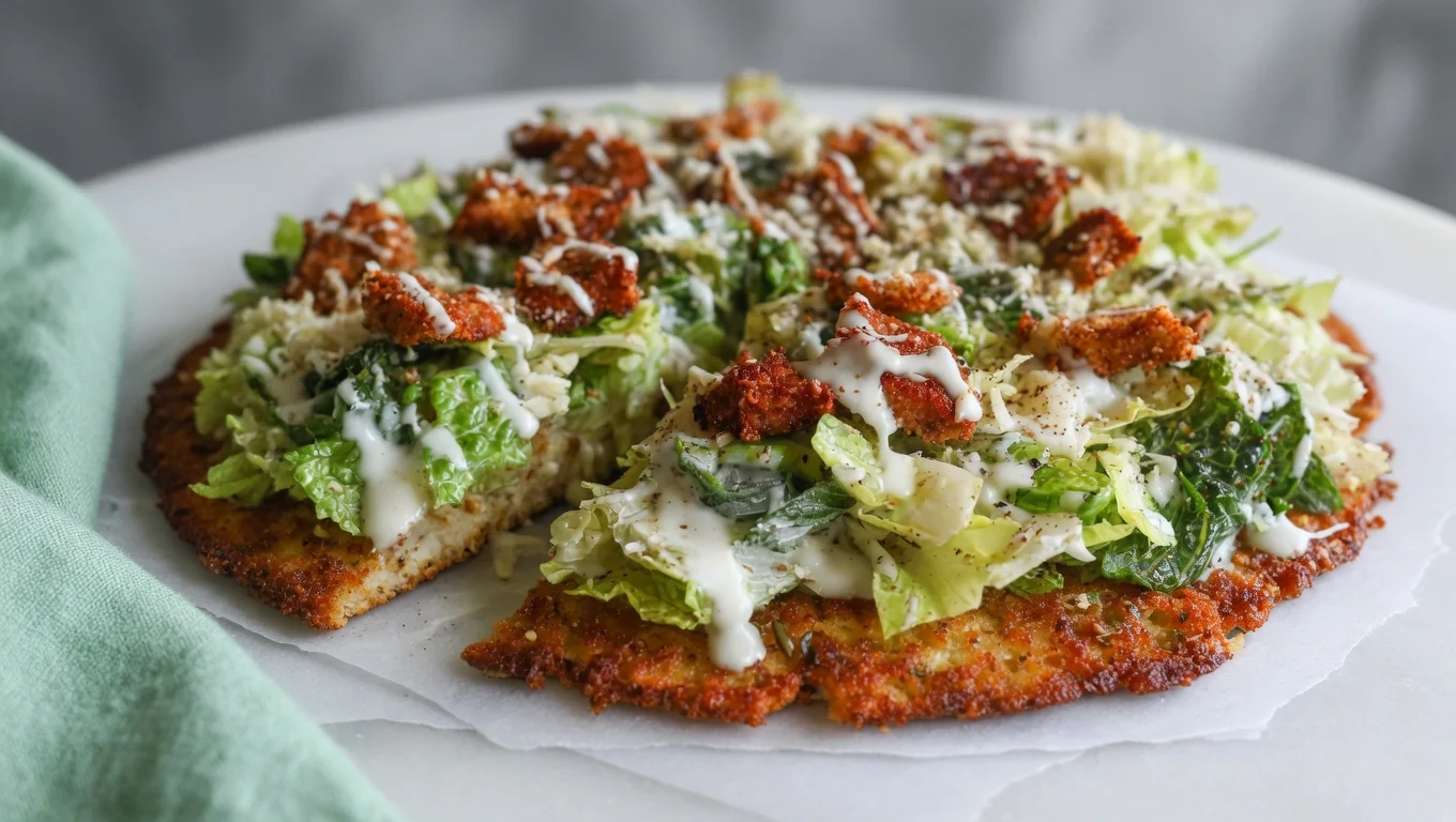 Chicken crust Caesar salad pizza sliced on board