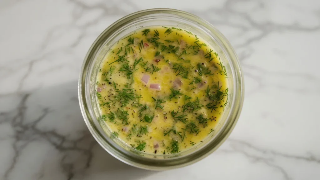 Lemon dill vinaigrette in a glass jar with fresh dill and lemon slices on a white marble surface