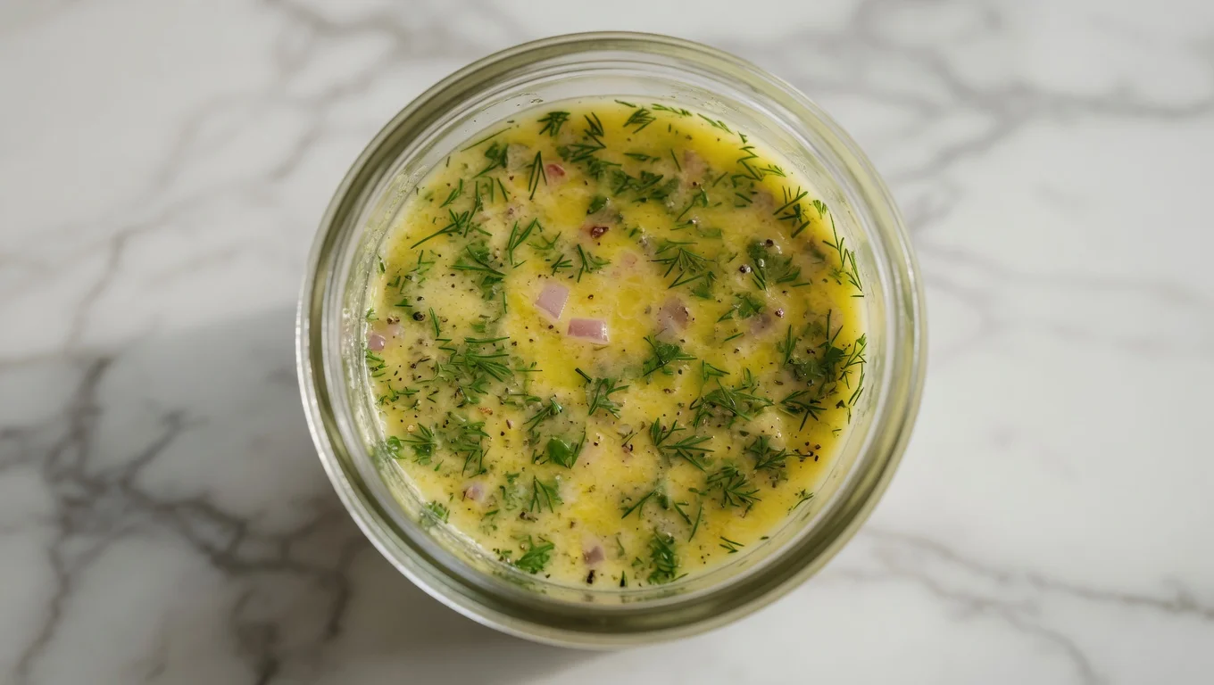 Lemon dill vinaigrette in a glass jar with fresh dill and lemon slices on a white marble surface