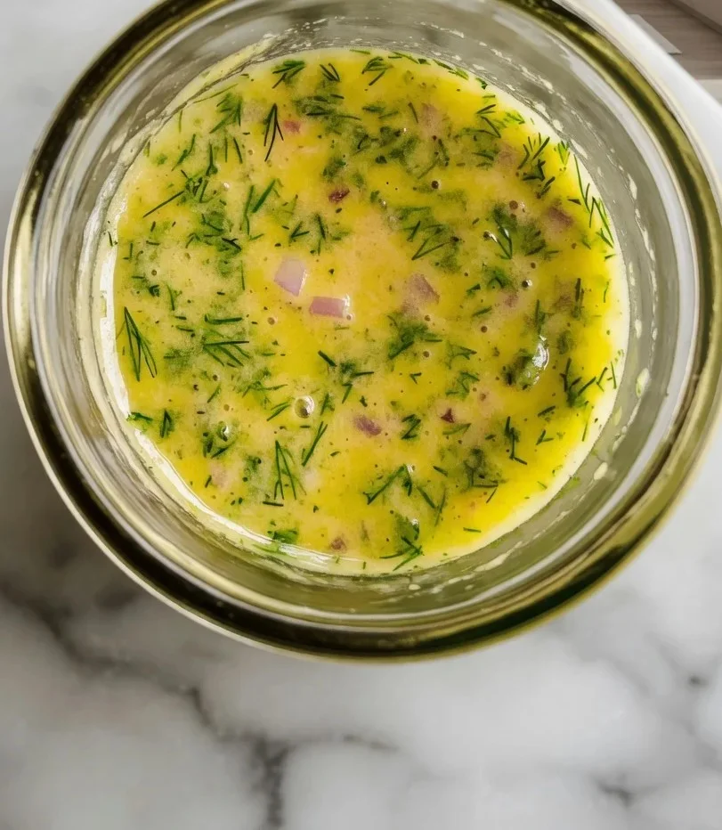 Glass jar filled with creamy herb lemon dressing with fresh dill and parsley on a marble countertop.