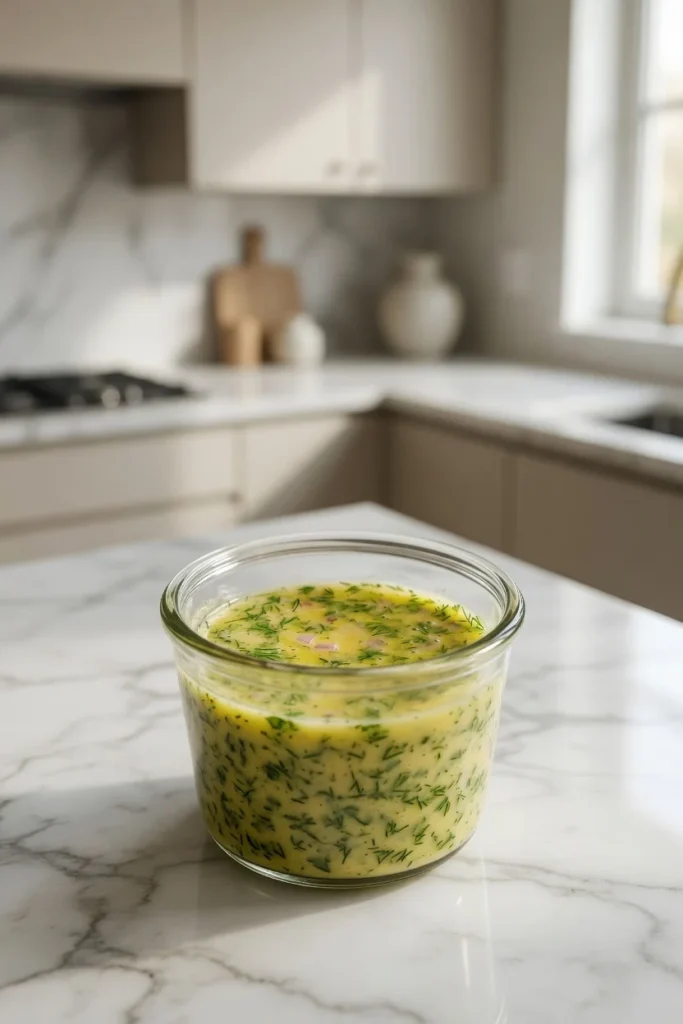 Olive oil being drizzled into lemon dill vinaigrette while whisking in a glass bowl