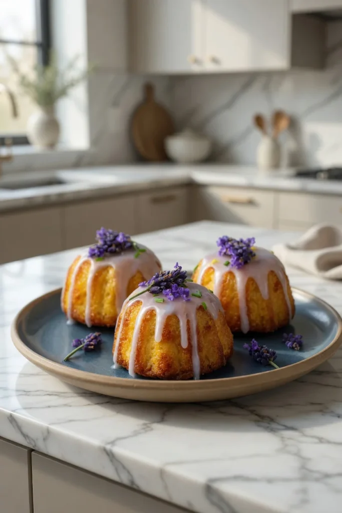 Golden mini bundt cakes with white glaze and lavender flowers on a ceramic dessert plate.