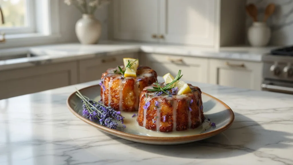 Mini lemon cakes with lavender glaze and edible flowers on a white marble surface