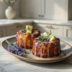Single mini lemon cake with lavender glaze topped with a purple edible flower and lemon zest on a white plate