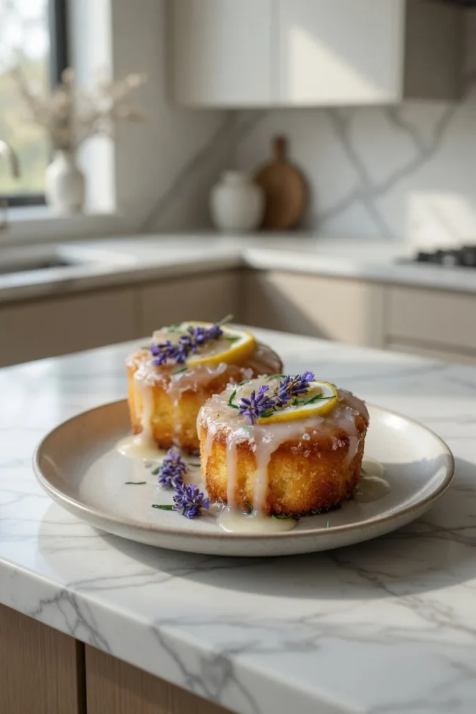 Mini lemon lavender cakes with glossy glaze, lemon slices, and purple lavender flowers on a ceramic plate.