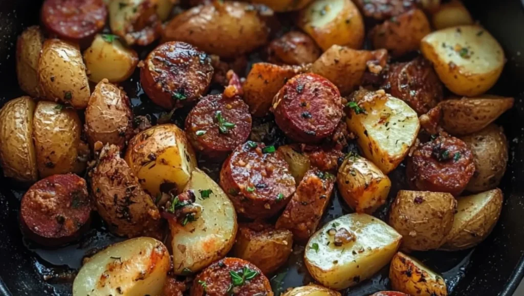 One pan kielbasa and potatoes with colorful vegetables in a cast iron skillet on a wooden surface