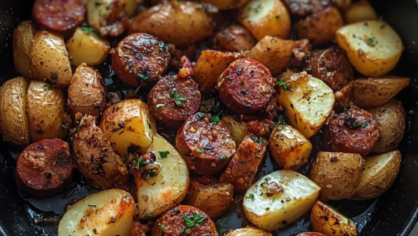One pan kielbasa and potatoes with colorful vegetables in a cast iron skillet on a wooden surface