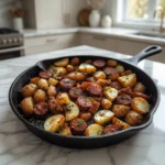 Kielbasa, potatoes, and vegetables being tossed with olive oil and paprika in a large bowl