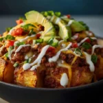Close-up loaded taco bowl crispy potatoes taco meat