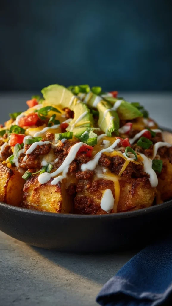 Close-up loaded taco bowl crispy potatoes taco meat