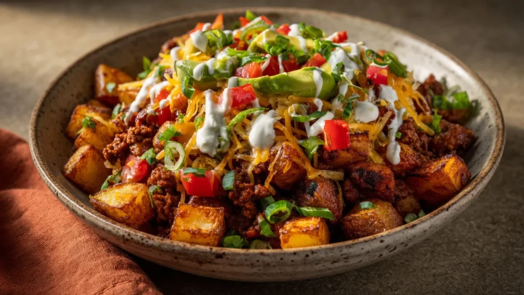 Loaded potato taco bowl cheese avocado sour cream