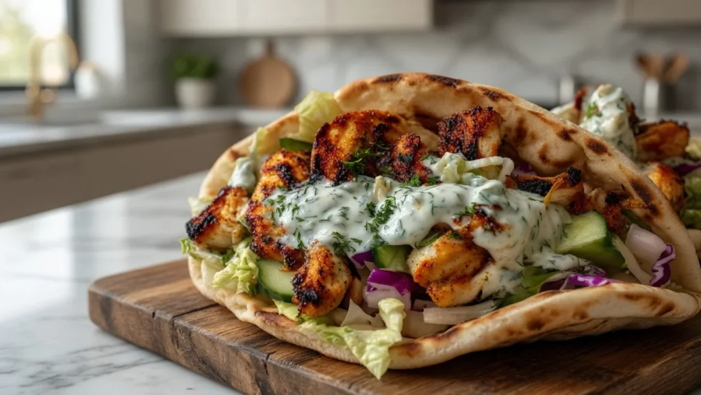 Sheet pan chicken pitas with herby ranch dressing and roasted vegetables on a white plate