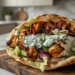 Sheet pan chicken pitas with herby ranch dressing and roasted vegetables on a white plate
