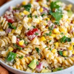 Creamy lime-chili dressing being whisked in a small bowl for street corn pasta salad