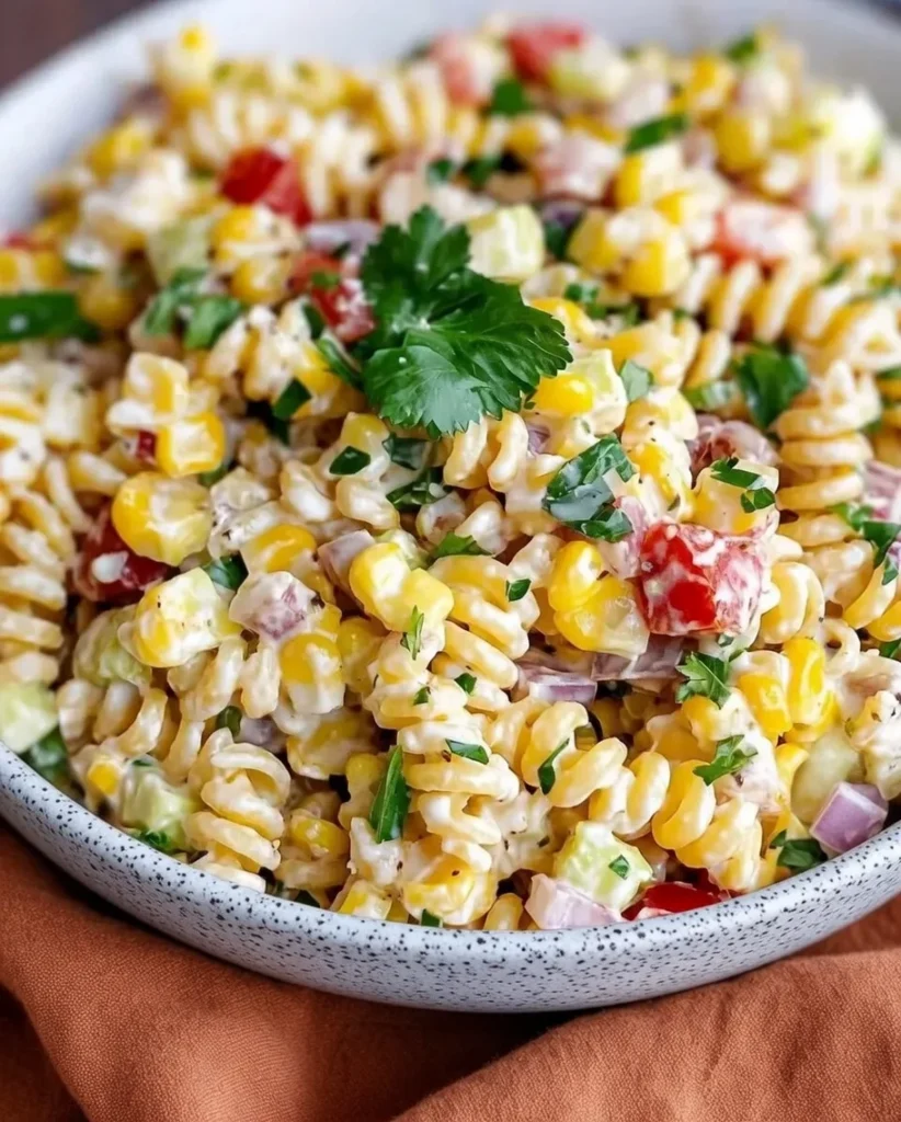 Fork lifting a serving of street corn pasta salad showing corn, feta, and creamy dressing