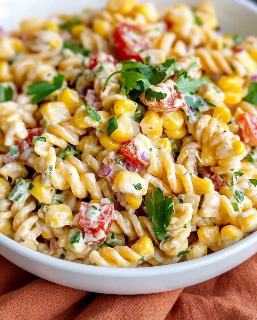 Creamy lime-chili dressing being whisked in a small bowl for street corn pasta salad