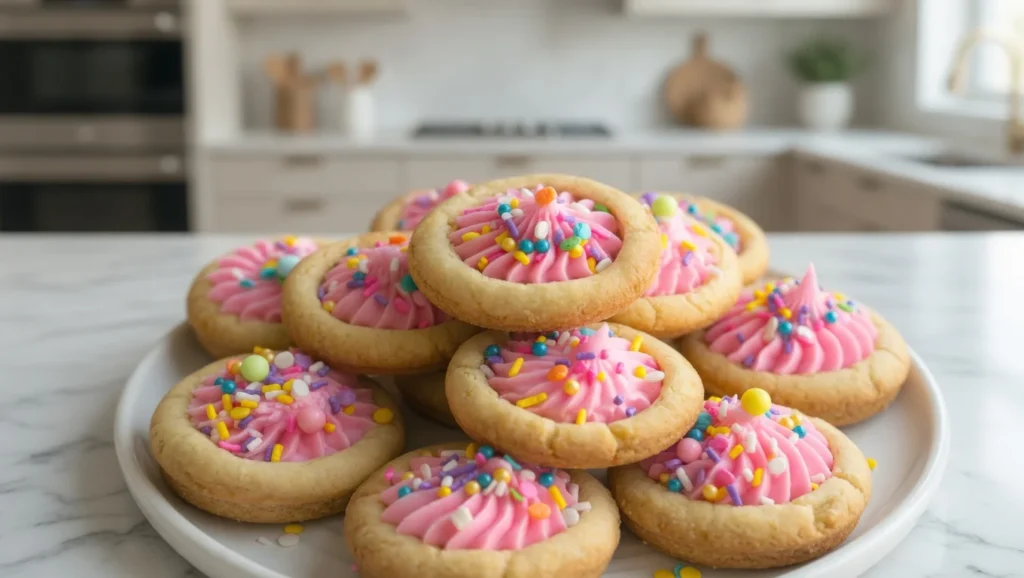 Sugar cookie cups with pink cream cheese frosting and colorful sprinkles on a white plate