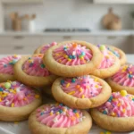 Sugar cookie cups with pink cream cheese frosting and colorful sprinkles on a white plate