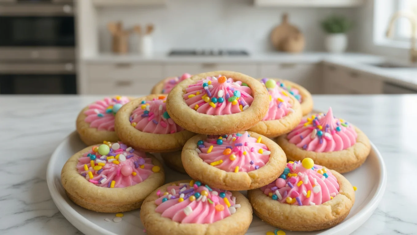 Sugar cookie cups with pink cream cheese frosting and colorful sprinkles on a white plate