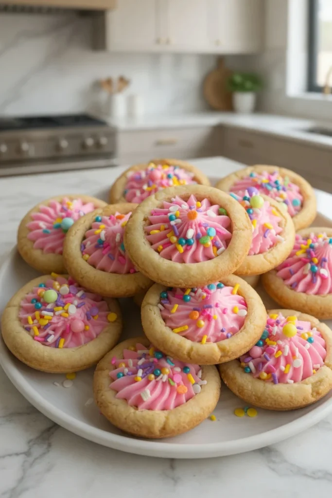 Sugar cookies topped with pink frosting and colorful sprinkles arranged on a white serving plate.