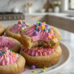 Pink frosted sugar cookie sandwiches with colorful sprinkles on a white serving plate.
