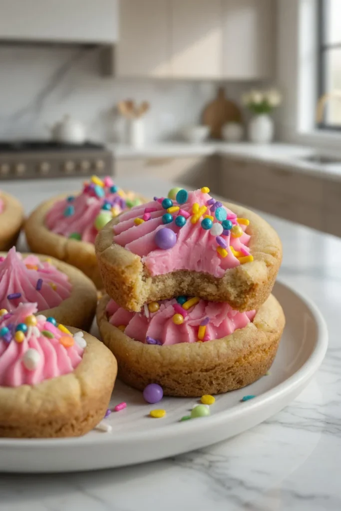 Pink frosted sugar cookie sandwiches with colorful sprinkles on a white serving plate.