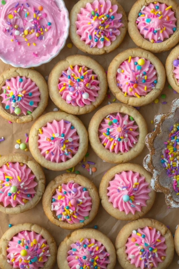 Top-down view of pink frosted sugar cookies with colorful sprinkles arranged on parchment paper and a white plate.