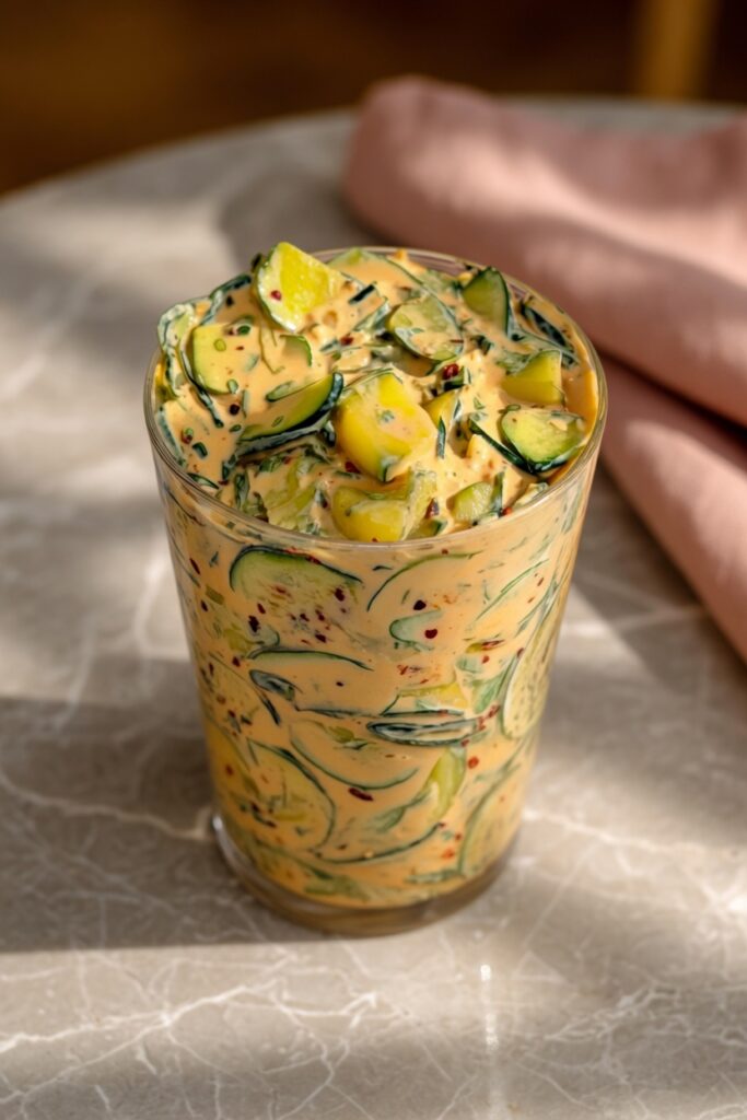 Close-up of Viral Creamy Asian Cucumber Salad showing creamy spicy dressing over crisp cucumber slices edamame and golden tofu in a wide bowl