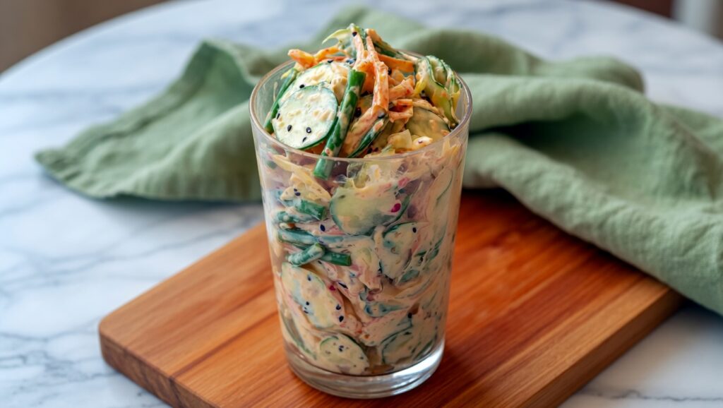 Viral Creamy Asian Cucumber Salad in a glass jar with thin cucumber slices shredded carrots edamame tofu and sesame seeds on a clean white surface